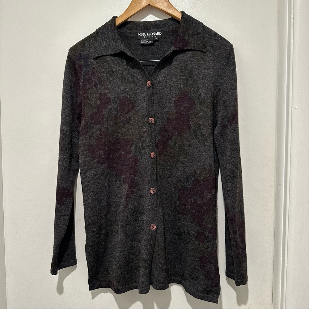 Nina Leonard dress Vintage Dark Floral Collared Cardigan wool blend size small